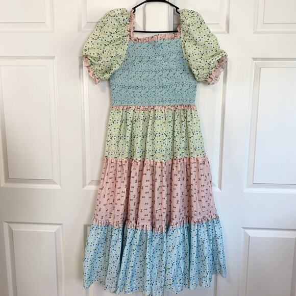 Ivy City Co Emily Patchwork Smocked Shirred Puff Sleeve Tiered Midi Dress Large - Picture 8 of 8